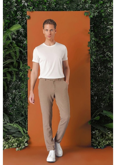Efor Comfort Fit Beli Lastikli Pötikareli Casual Bej Pantolon P 1149 Bej