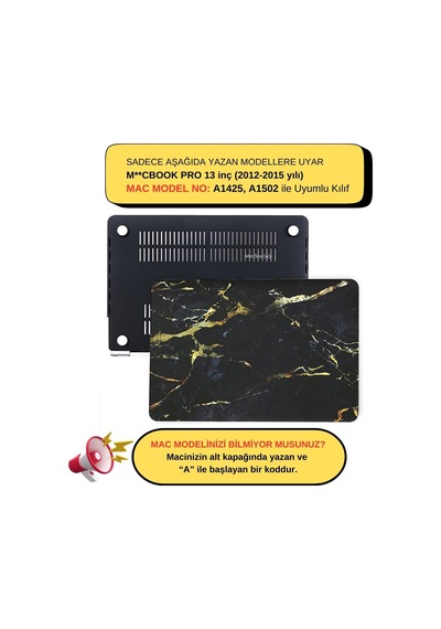 Macbook Pro 13 İnç Kılıf A1425 A1502 Uyumlu Sert Kapak Hard Case Koruyucu Retina 13 Laptop Kılıfı Siyah Mermer Desenli İnce Hafif Tam Koruma Siyah Belirtilmemiş