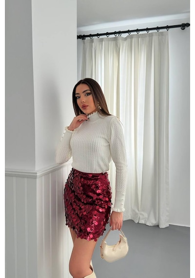 Alemdarshop Bordo Pullu Kısa Etek