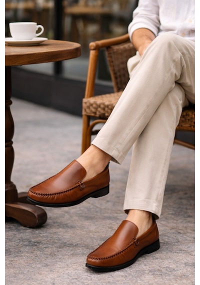 Muggo Wills Hakiki Deri Bağcıksız Erkek Günlük Klasik Loafer Ayakkabı Taba