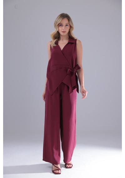 Genel Markalar Yandan Bağlamalı Kruvaze Modal Tencel Kumaş Bluz Gömlek Bordo Bordo