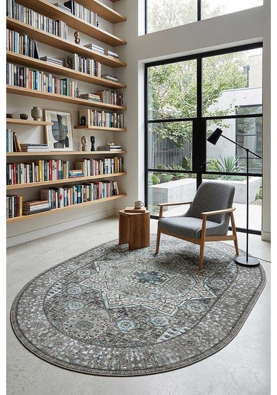 Frenda Home Vintage Desen Pamuk Taban Baskılı Yıkanabilir Oval Gri Halı