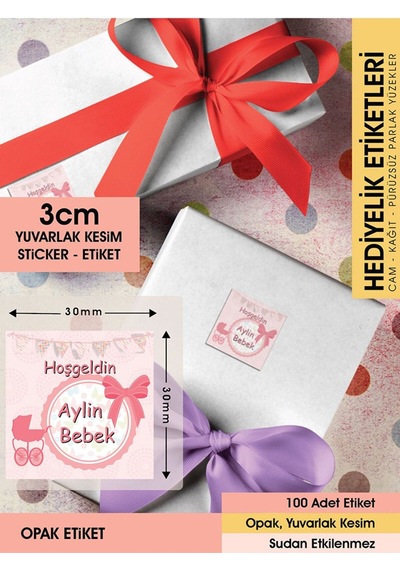 Fiyonklu Doğum Günü Etiketi - 3cm - 100 Adet Opak Sticker Renkli