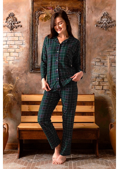 Nisanca Kışlık Düğmeli Ekose Desen Yılbaşı Temalı Kadın Süet Pijama Takımı Yesil