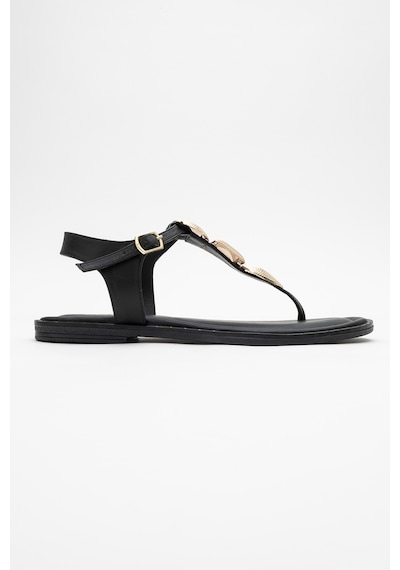 Luvishoes Luvi Shoes Helen Siyah Hakiki Deri Parmak Arası Gold Tokalı Kadın Sandalet Siyah