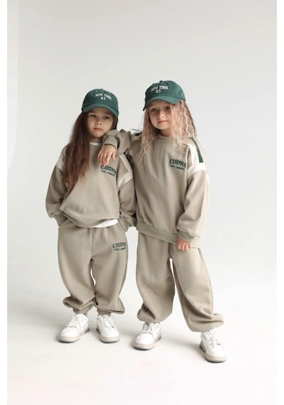 Magu Unisex Çocuk Kışlık Chons Sloganlı Pamuklu Sweatshirt Eşofman Alt-üst Takım Karışık Çok Renkli