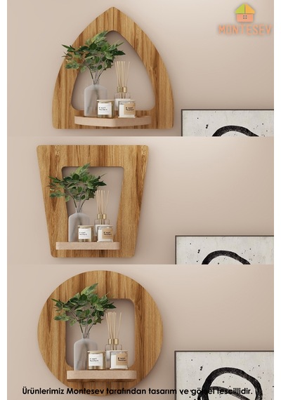 Ahşap Dekoratif Duvar Rafı 2 Li / 3 Lü Set Mtsv - 641 Kahverengi