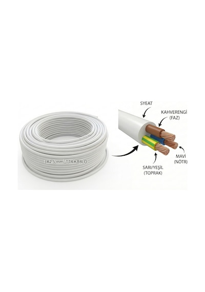 3x2.5 Tam Kesit Cca Ttr Elektrik Uzatma Kablosu 50 Metre Beyaz 1