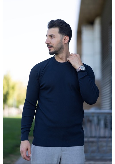 Hk Premium Erkek Fitilli Slim Fit Bisiklet Yaka Triko Kazak Lacivert