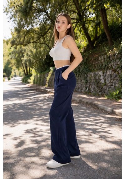 Winmoda34 Kadın Kumaş Pantolon Beli Garnili Bağcıklı Bol Paça Palazzo Model Lacivert