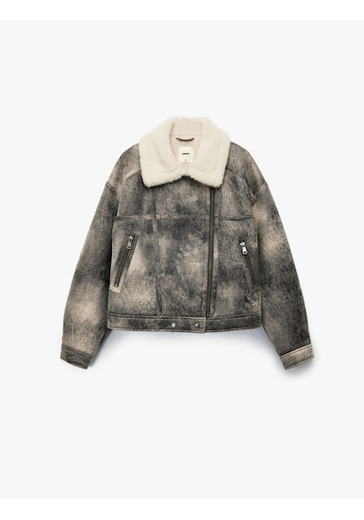 Koton Cepli Fermuarlı Eskitilmiş Süet Görünümlü İçi Suni Kürklü Crop Biker Mont Gri 6wak20063ew Gri
