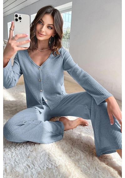 Bella Notte V Yaka Pamuklu Mavi Düğmeli Uzun Pijama Takımı