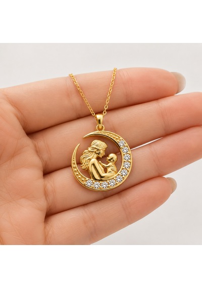 Premium Parlak Ve Şık Hilal İçinde Anne Bebek Figürlü Kadın Gold Renk 925 Ayar Gümüş Kolye 45 Cm Sarı