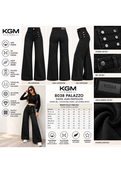 La Carte Ektra Bol Kesim Likralı Düğme Detaylı Kot Pantolon 8038-29/36 Siyah