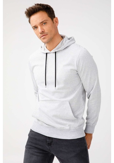 Igs İgs Erkek A.gri Modernfıt / Ekstra Dar Kalıp Kapşonlu Fermuarsız Sweatshirt Açık Gri