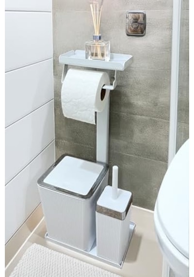 Ayrex 3'ü 1 Arada Banyo Seti Tuvalet Kağıtlık, Çöp Kovası Ve Tuvalet Fırça Takımı Set Çizgili Krom Beyaz Diğer