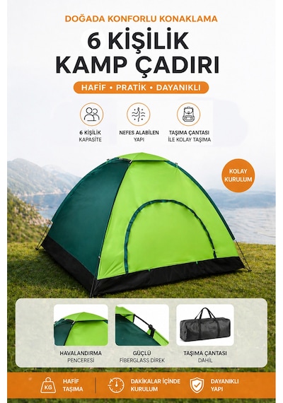 6 Kişilik Renkli Dayanıklı Kamp Çadırı 220x250x150 Yeşil