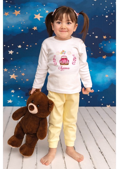 Pia Baby İsimli Kız Çocuk Pijama Takımı %100 Pamuk Penye İsme Özel Baskılı Kişiselleştirilebilir Pijama Seti 20215s14pi Krem