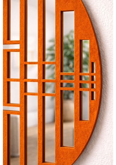 Oval Ayna Pleksi Duvar Dekoru Keçe Detaylı Modern Aynalı Tablo Turuncu Turuncu