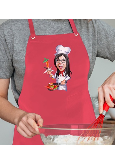 BK Gift Kişiye Özel Kadın Chef Karikatürlü Profesyonel Kırmızı Mu