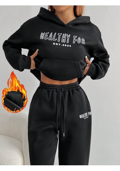 Macklin Unisex Kadın Erkek Healty For Baskılı Oversize 3 İplik Kapüşonlu Sweatshirt Ve Baggy Eşofman Altı Siyah