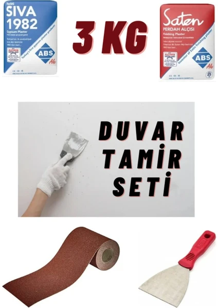 Hk Teknik 3 Kg Duvar Tamir Alçı Sıva Seti 2 Kg Sıva Alçı - 1 Kg Saten Alçı - Zımpara - Spatula 3 Kg Alçı