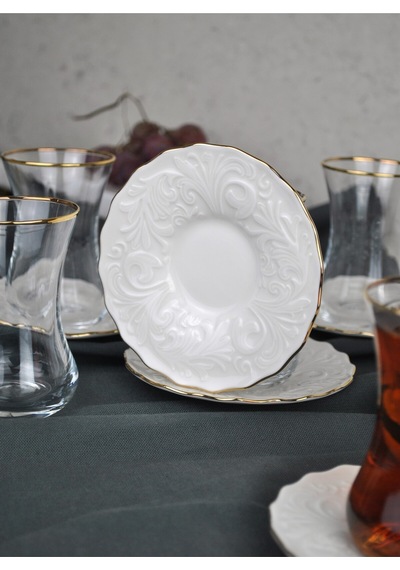 12 Parça Yaldızlı Cam Çay Takımı Porselen Çay Seti Çay Bardağı - Pera 6 Kişilik Şeffaf