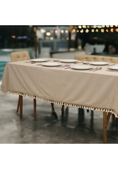 Dnc Home Tekstil  Bej Pamuk Keten Kahverengi Şerit Ponponlu Masa Örtüsü 001
