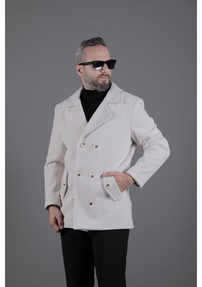 Ohepmoda Desenli Kruvaze Erkek Kaşe Kaban Bej