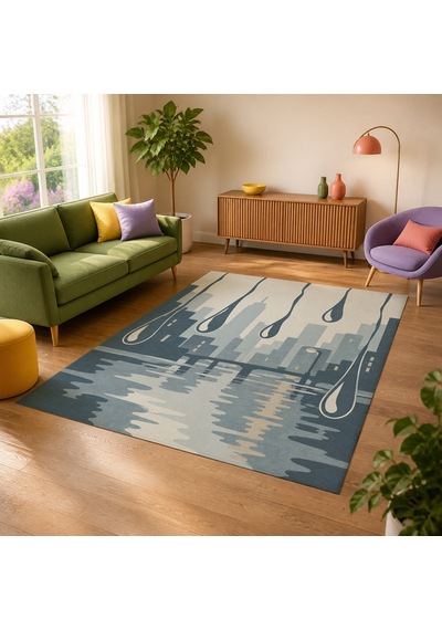 Kartela Halı Yağmur Şehir Silüetli Modern Halı Mavi Kaymaz Taban Makinede Yıkanabilir 100x150 Cm