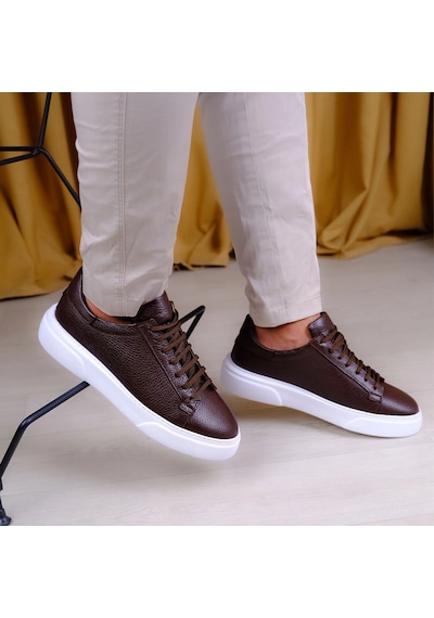 Twingold Kişiselleştirilebilir Kalın Ortopedik Tabanlı %100 Deri Sneaker Spor Ayakkabı - Kahverengi Kahverengi