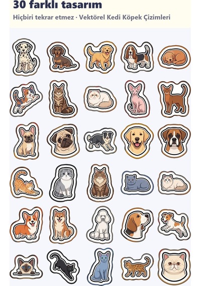 30 Adet Vektörel Kedi Köpek Sticker Seti - Laptop Defter Telefon Su Matarası İçin Çok Renkli