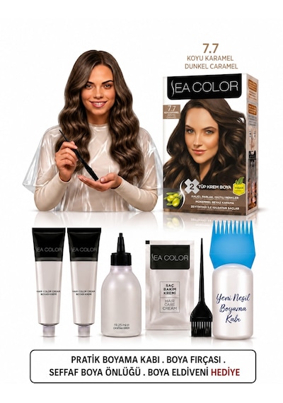 Sea Color Set Saç Boyası 7.7 Koyu Karamel 2 Li+pratik Boya Kabı