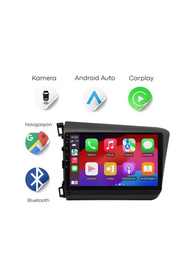 Honda Civic Fb7 Android Multimedya Sistemi 2012-2016 4gb Ram, 64gb Hafıza, Bluetooth, Carplay & Android Auto Kamera  9"