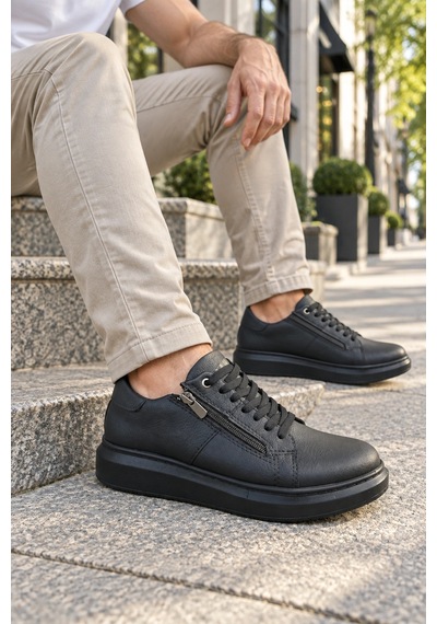 Mevese Roirraw Bağcıklı Ve Fermuarlı Cilt Erkek Günlük Sneaker Ayakkabı - Siyah