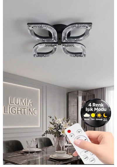LumiaLighting Yonca Model Siyah Kumandalı 4"lü Ledli 3 Renk Modu Kristal Salon Mutfak Yatak Çocuk Odası Avize