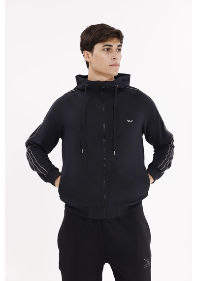 Rowinger Çift Şerit Kol Detaylı Tam Fermuarlı Cepli Rahat Kalıp Ayarlanabilir Kapüşonlu Sweatshirt Black