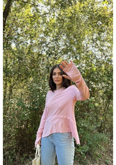 WeShaya Kadın Pembe Elleri Eldiven Detaylı, Asimetrik Kesim, Bisiklet Yaka, Eteği Pliseli, Salaş Spor Bluz Pembe