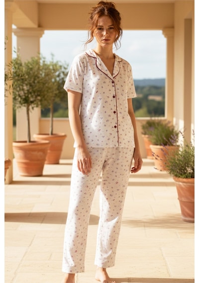 Siyah İnci Düğmeli Biyeli Viskon Örme Pijama Takım 26120762 Beyaz