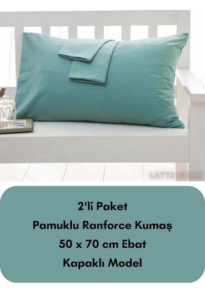 Mint Renkli Ranforce Pamuklu Kumaş Kapaklı Yastık Kılıfı 2'li Pak