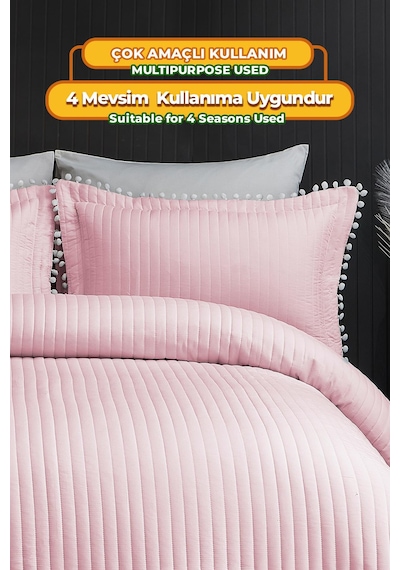 Evlen Home Collection Ponponlu Çift Kişilik %100 Pamuk Yatak Örtüsü Pike Takımı Pudra