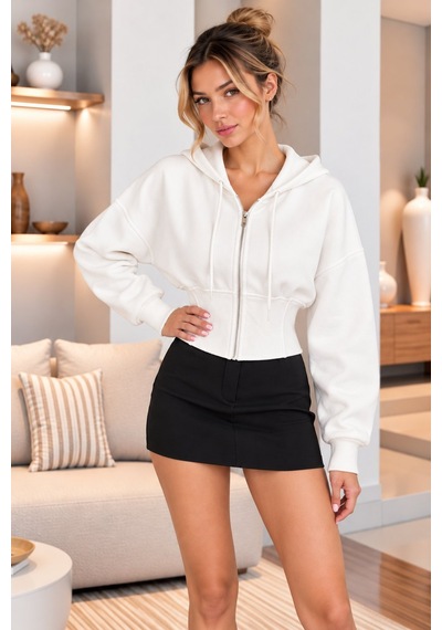 Lima Beyaz Kadın Kapüşonlu Fermuarlı Crop Sweatshirt Beli Korse Detaylı Uzun Kollu Oversize Sweat Lima Beyaz Kadın Kapüşonlu Fermuarlı Crop Sweatshirt Beli Korse Detaylı Uzun Kollu Oversize Sweat