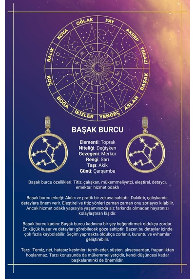14 Ayar Altın Başak Burcu Kolye Ucu Burç Yıldız Haritası Sarı Altın
