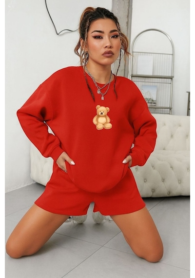 Benroma 3 İplik Penye Ayıcık Baskılı Unisex Sweatshırt Kırmızı