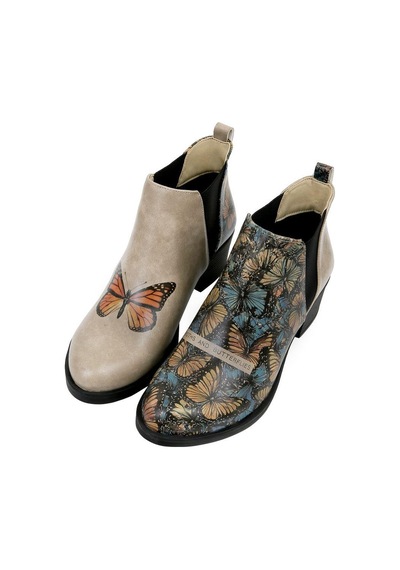 Kadın Vegan Deri Bej Bilekte Bot - Moths And Butterflies Tasarım Multicolor