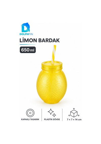 Limon Pipetli Bardak 650 Ml Kapaklı Plastik İçecek Bardağı Çok Renkli