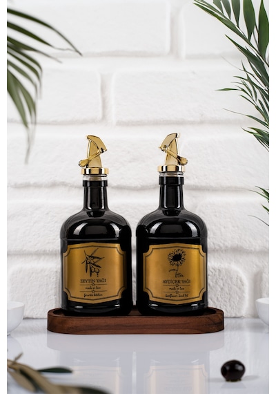 Moss 2'li Ahşap Standlı Damlatmaz Zeytinyağı Sıvıyağ Şişesi Cam Yağdanlık Seti 500 Ml Siyah Siyah