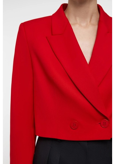 Saade Sââde Kadın Regular Fit Kruvaze Kapama Dokuma Crop Blazer Ceket -şık & Spor Kırmızı