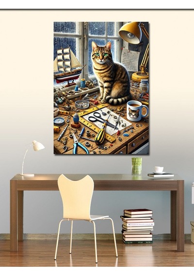 Kanvas Tablo Sanatçı Masası Ve Kedi 70cmx100cm