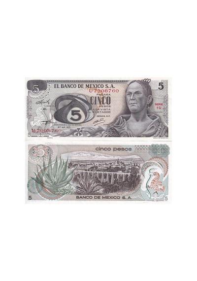 Meksika 1971 Yılı 5 Pesos Yabancı Kağıt Para Çil Unc Koleksiyon Para